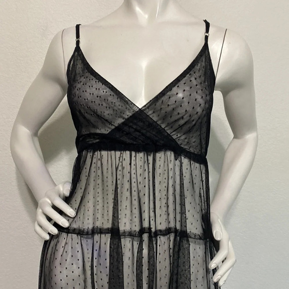 Black Polka Dot Sheer Sleeveless V-Neck Pullover Tiered Midi Dress Size M/L - Picture 2 of 8